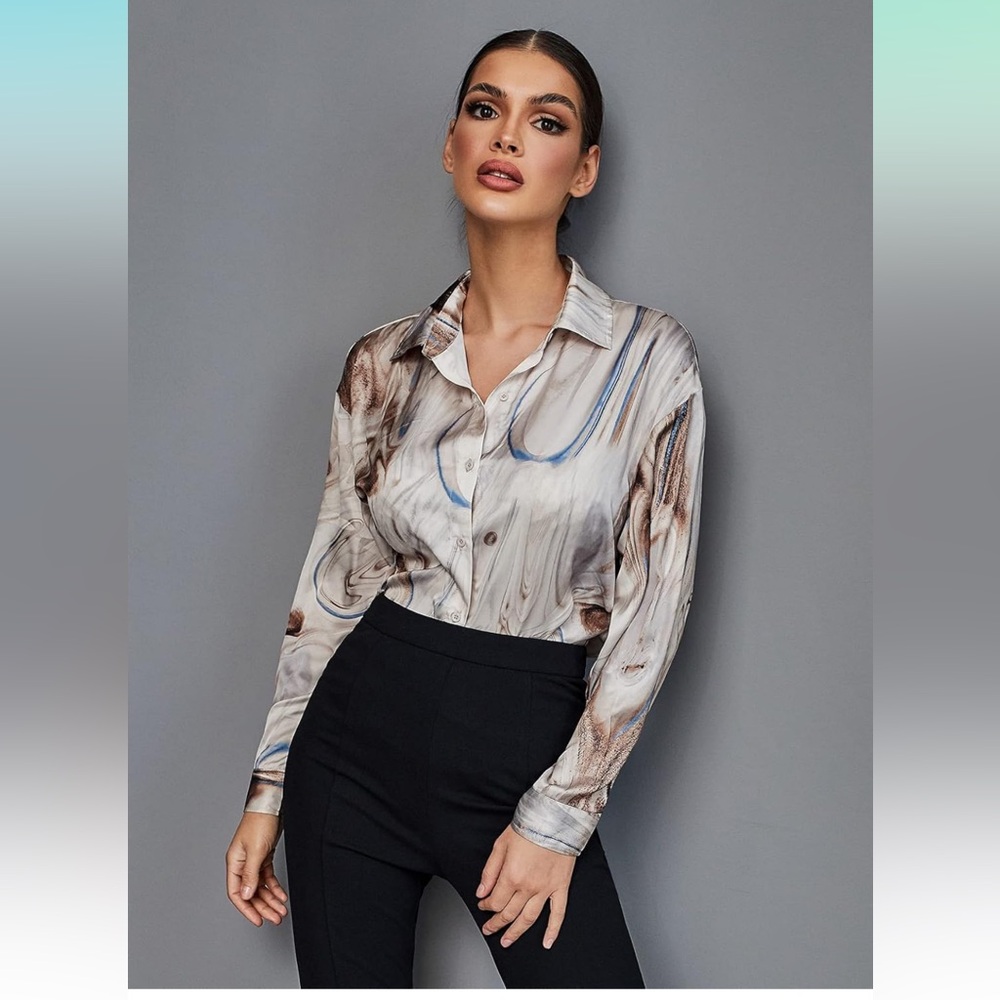 XL Satin Long Sleeve Button Up Down Blouse Marble Streak Print